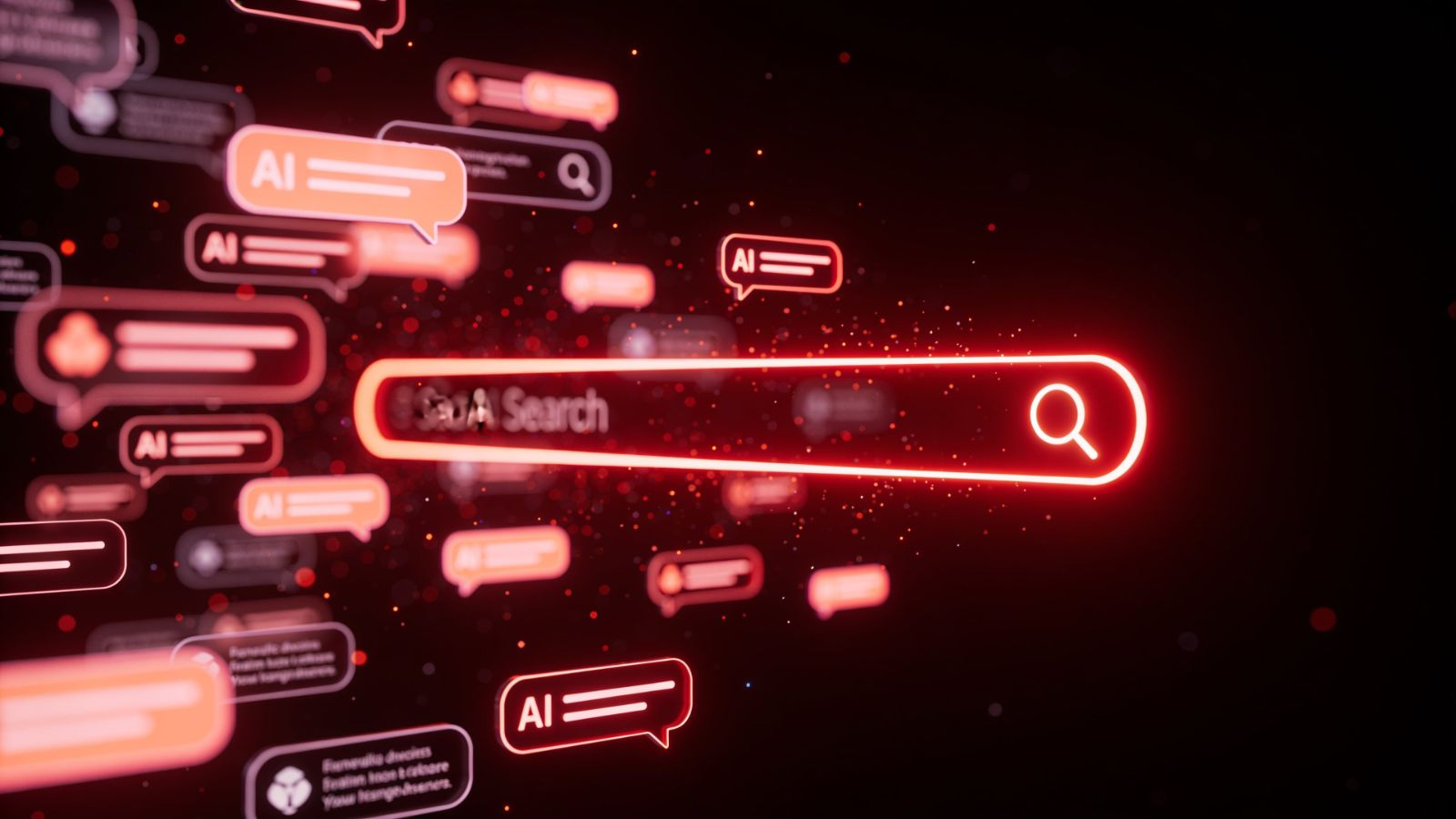 AI search bar dissolving into AI assistant answers — AI visibility for businesses