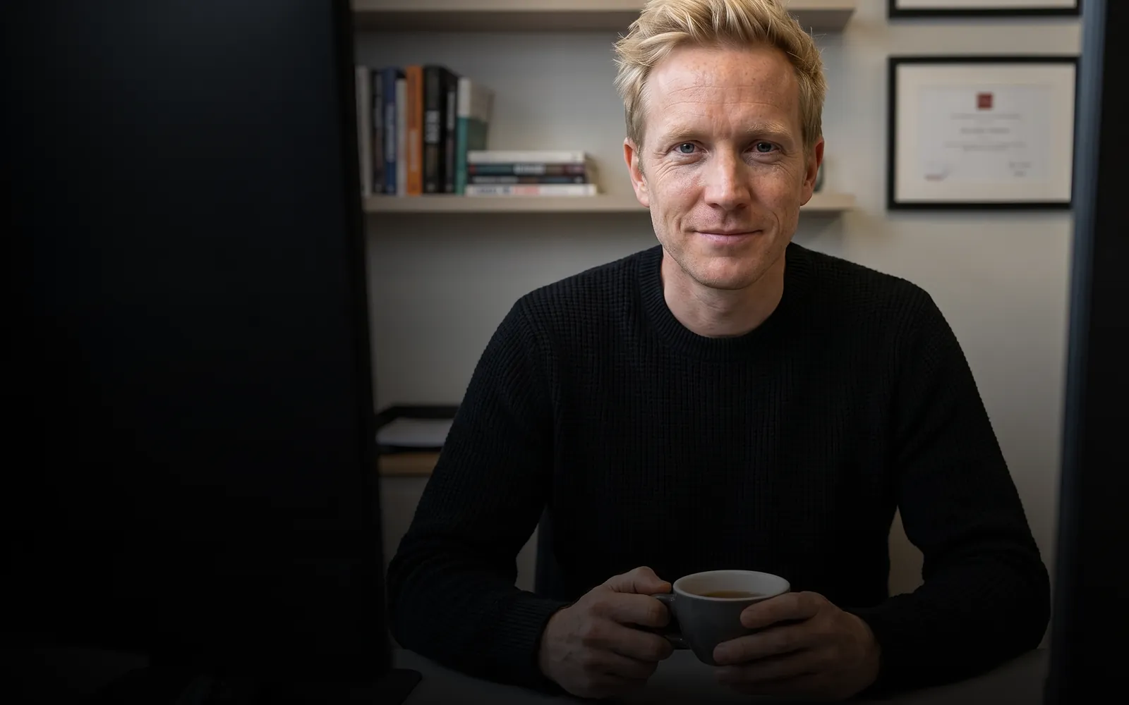 MR HARRY® at his desk with a cup of coffee